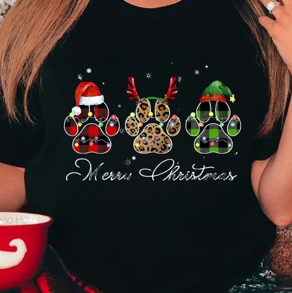 Merry Christmas, Paw plaid black t shirt
